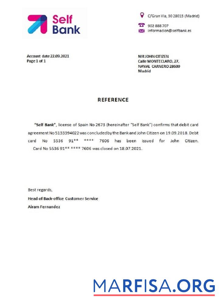 Realistic Spain Self bank closure reference download for verification